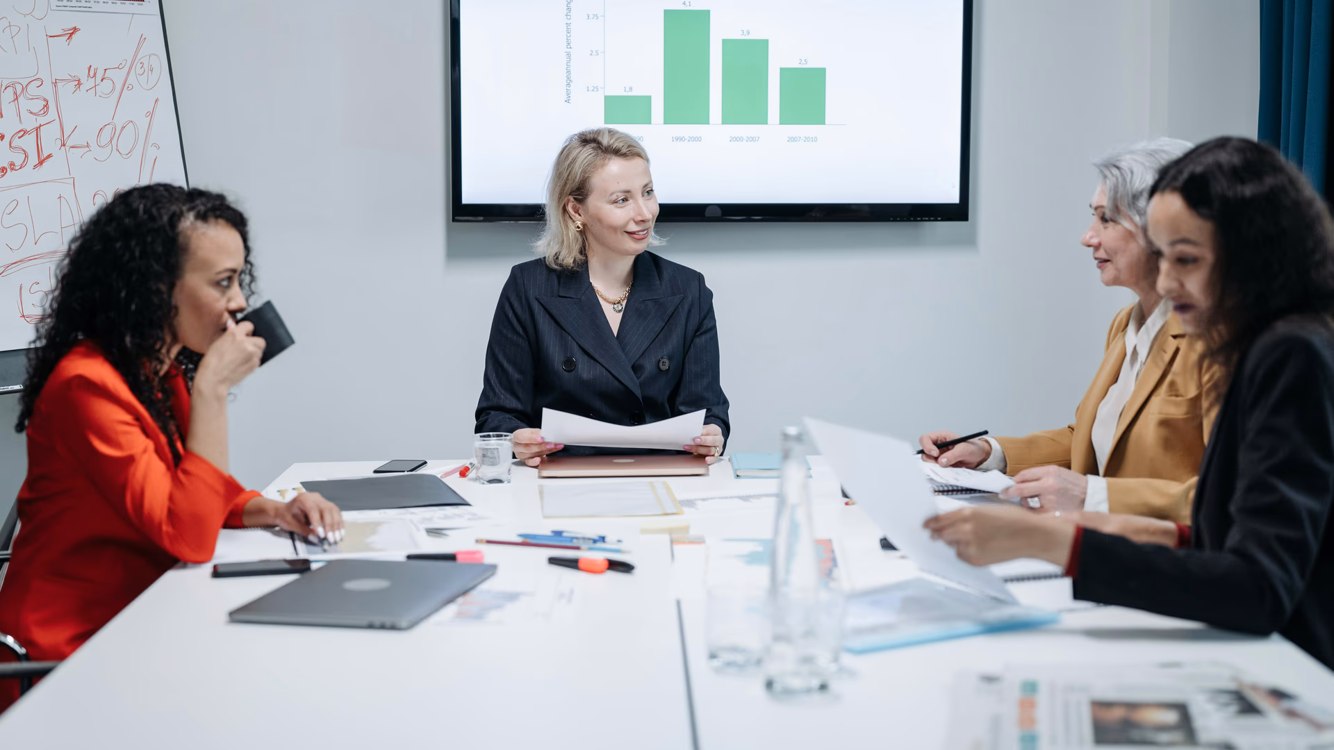 Businesswomen engaged in a productive meeting in a modern conference room with charts displayed - Image by  Pavel Danilyuk from Pexels
