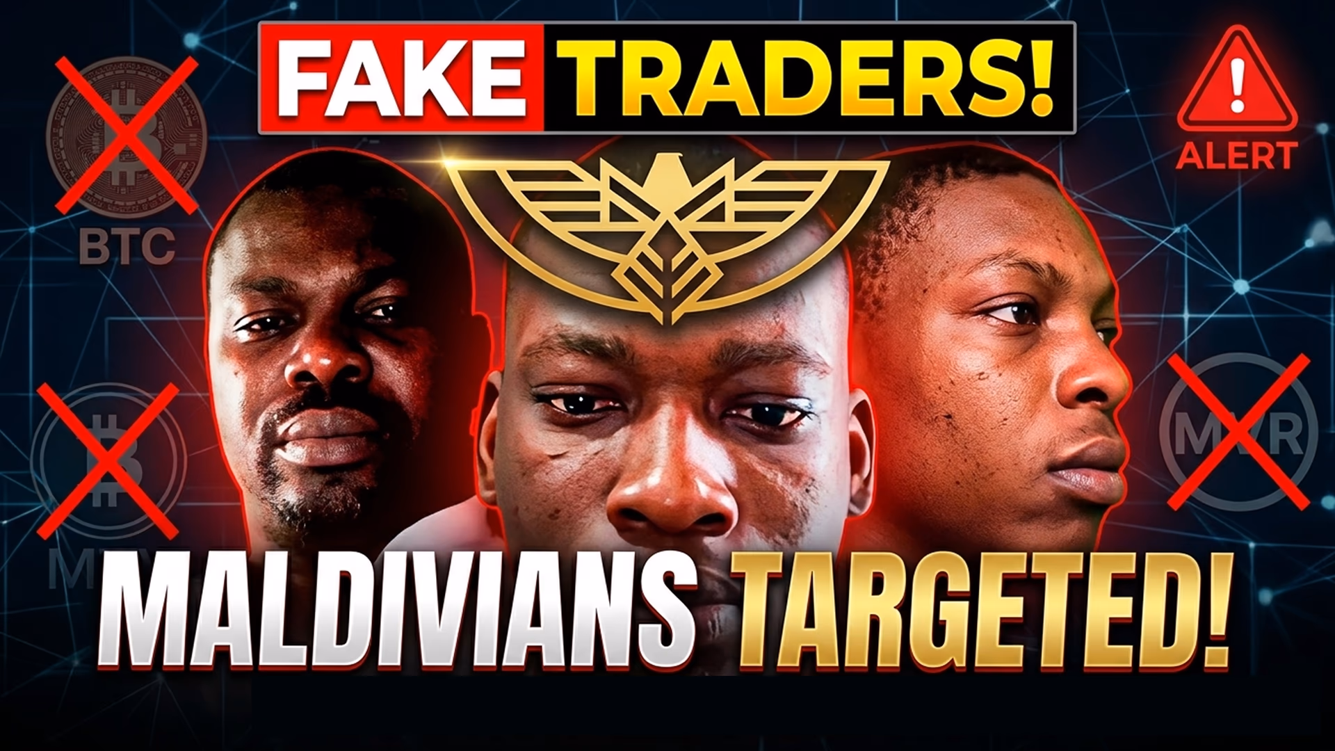 Warning graphic exposing fake traders involved in crypto-related scams targeting Maldivians through social media and local money transfers