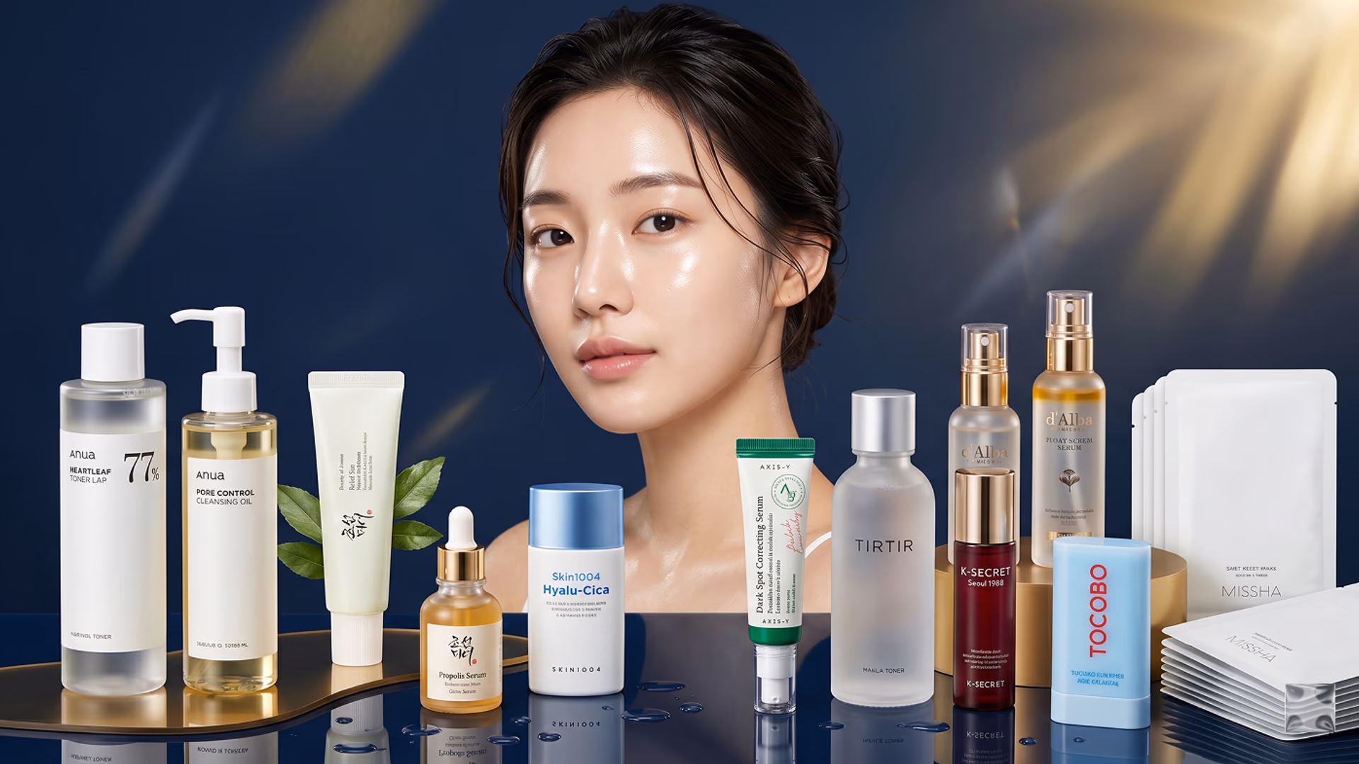 A woman with dewy skin surrounded by various Korean skincare products - Image by Badhalu